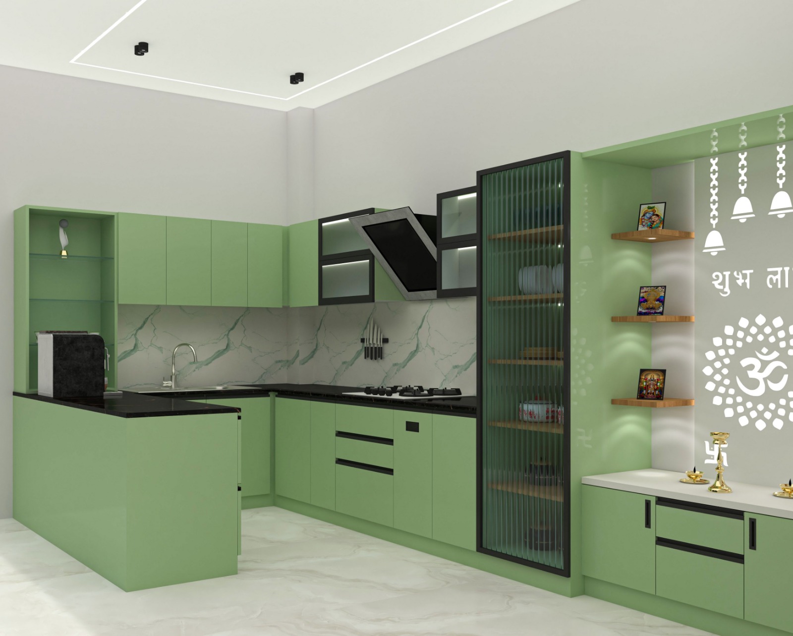 Modern minimalist green kitchen interior with matte sage cabinetry, black handles, marble flooring, and glass-front cabinet detail.